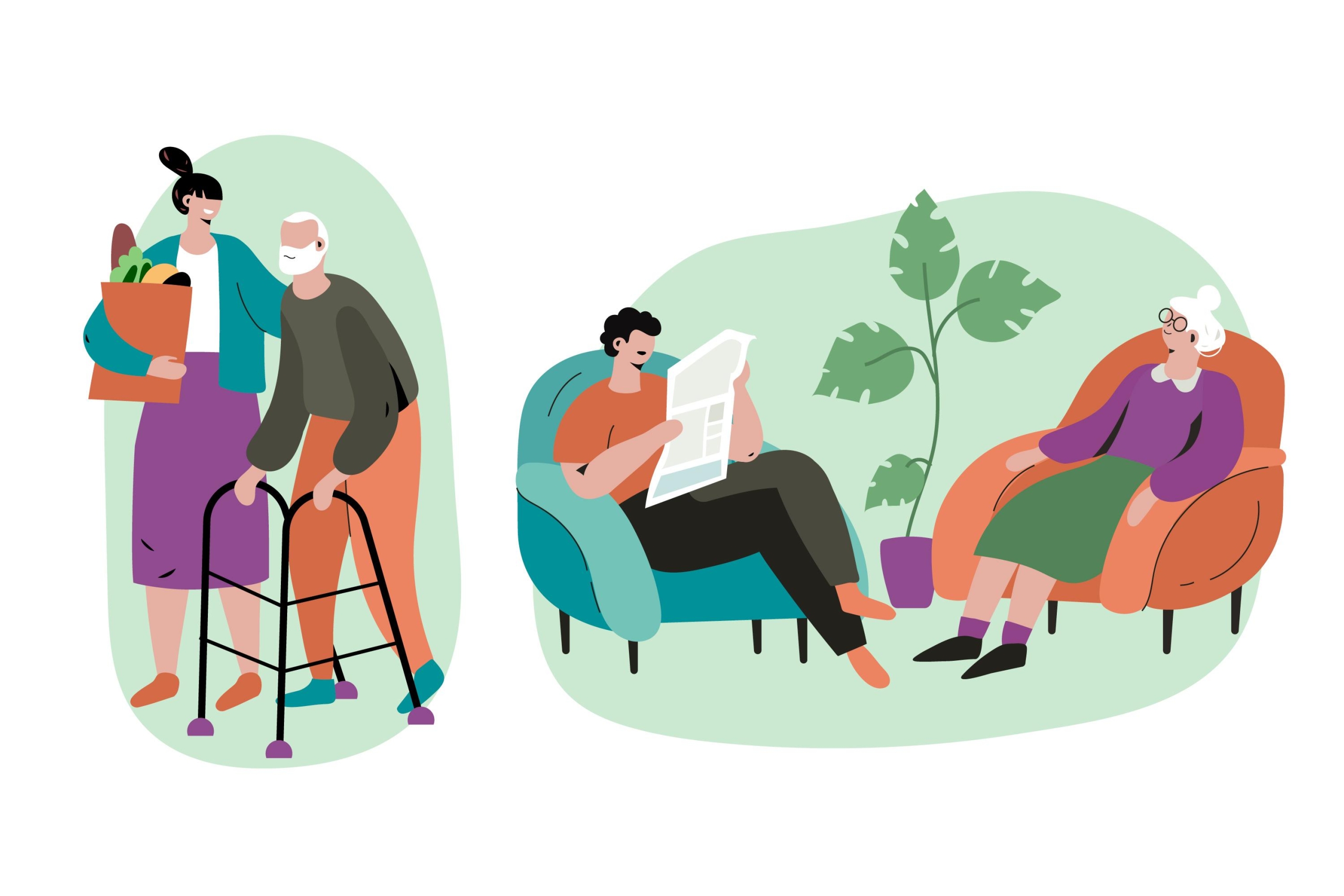 Illustration of younger individuals assisting elders, representing personalised home-based social care and empowerment. Εικονογράφηση νέων ανθρώπων που βοηθούν ηλικιωμένους, συμβολίζοντας εξατομικευμένη κατ’ οίκον κοινωνικής φροντίδα, υποστήριξη και ενδυνάμωση με σεβασμό.