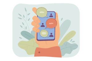 Mobile chat conversation representing easy contact options with SocialWorks Consulting Οθόνη κινητού με ανταλλαγή μηνυμάτων, σύμβολο εύκολης επικοινωνίας με τη SocialWorks Consulting