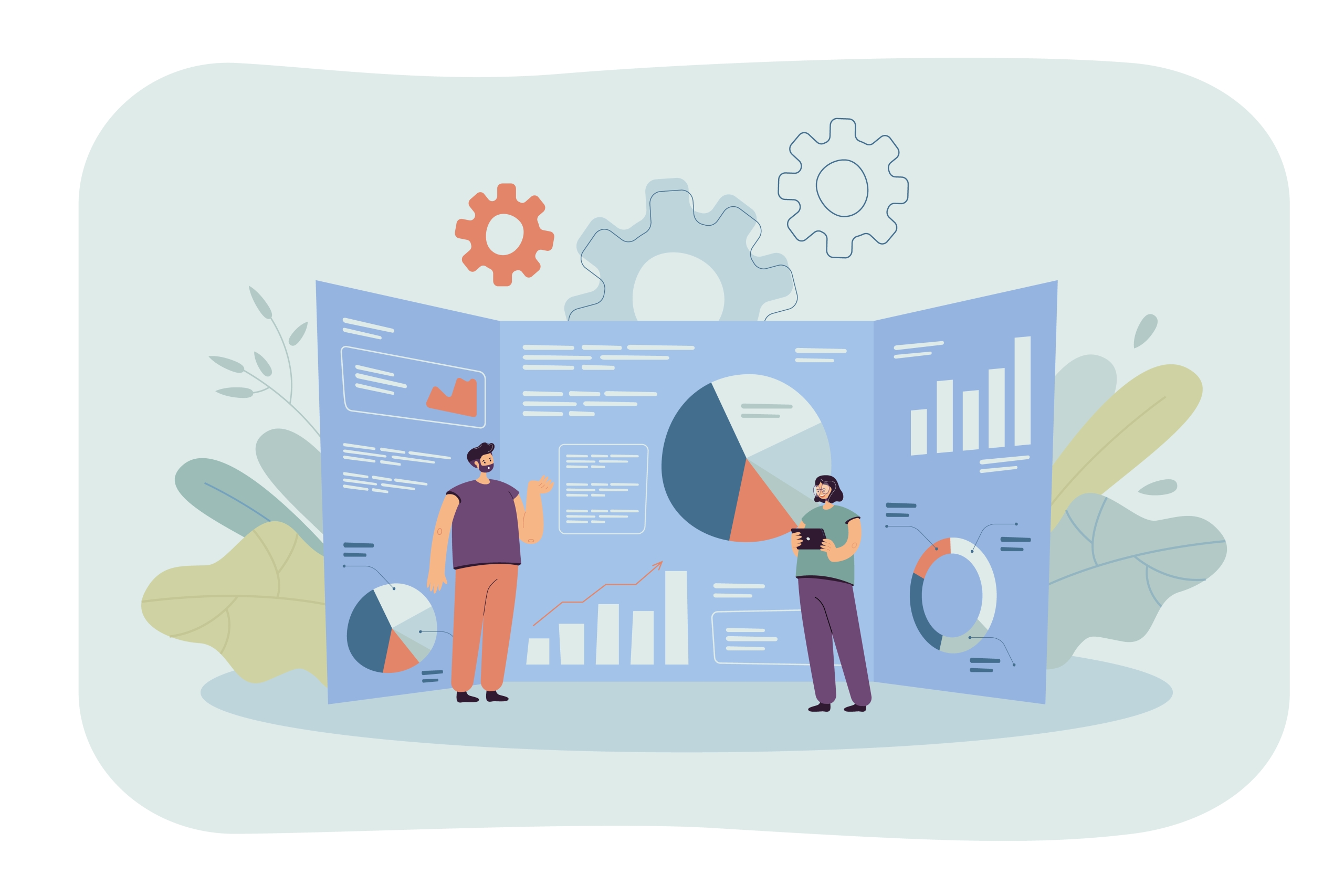 Illustration of tiny analysts interacting with a large data dashboard, symbolising insight-driven strategic consulting, project planning, and organisational strategy. Εικονογράφηση με μικρούς αναλυτές γύρω από μεγάλο πίνακα δεδομένων, που συμβολίζει παροχή υπηρεσιών συμβουλευτικής για οργανισμούς και εταιρείες, στρατηγικό σχεδιασμό και διαχείριση έργων.