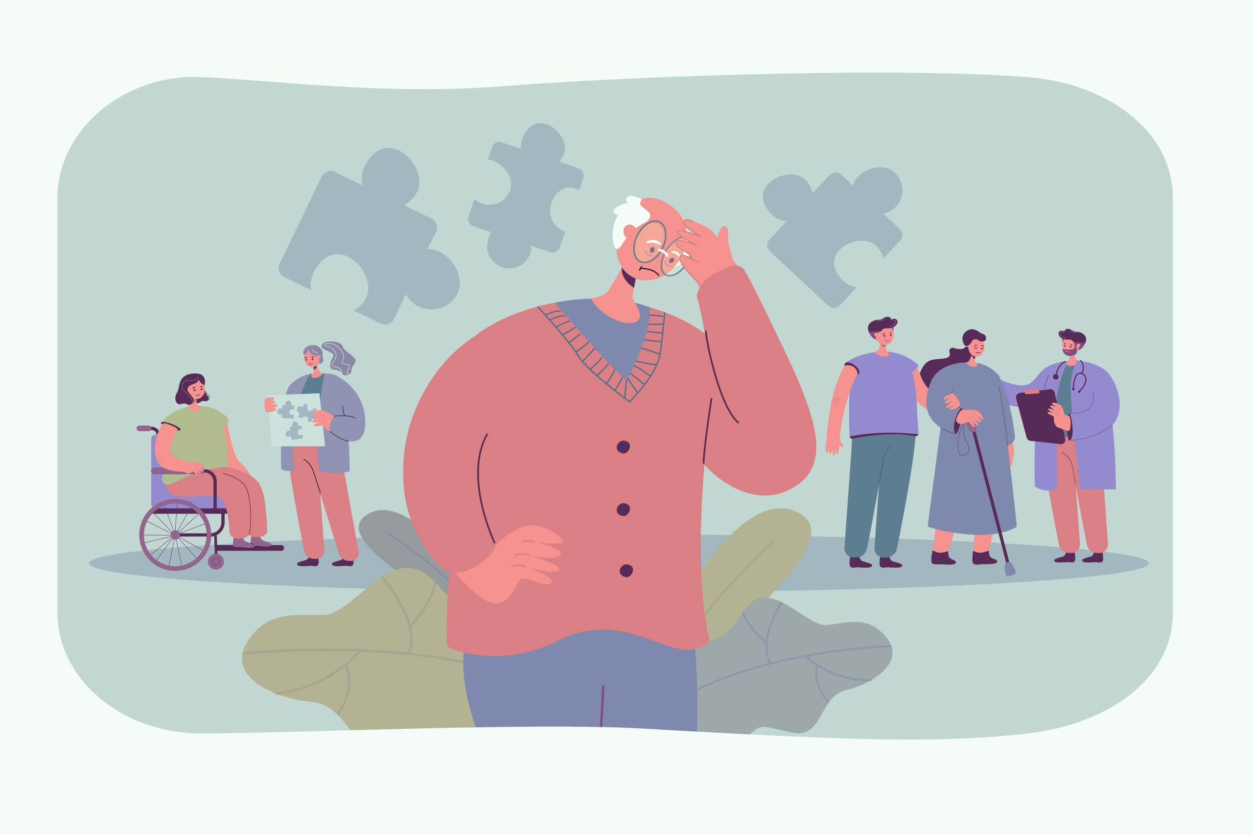 Illustration of older adults receiving cognitive support, symbolising dementia prevention, memory care, and empowerment services. Εικονογράφηση ηλικιωμένων που λαμβάνουν νοητική υποστήριξη, συμβολίζοντας πρόληψη άνοιας, φροντίδα μνήμης και ενδυνάμωση.